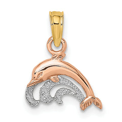 14K Two-Tone W/White Rhodium Dolphin and Wave Charm