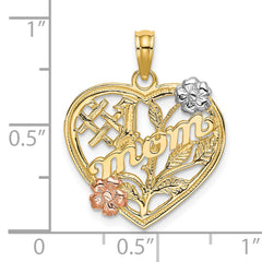 14k Two-tone w/White Rhodium #1 MOM Heart w/Flower Charm