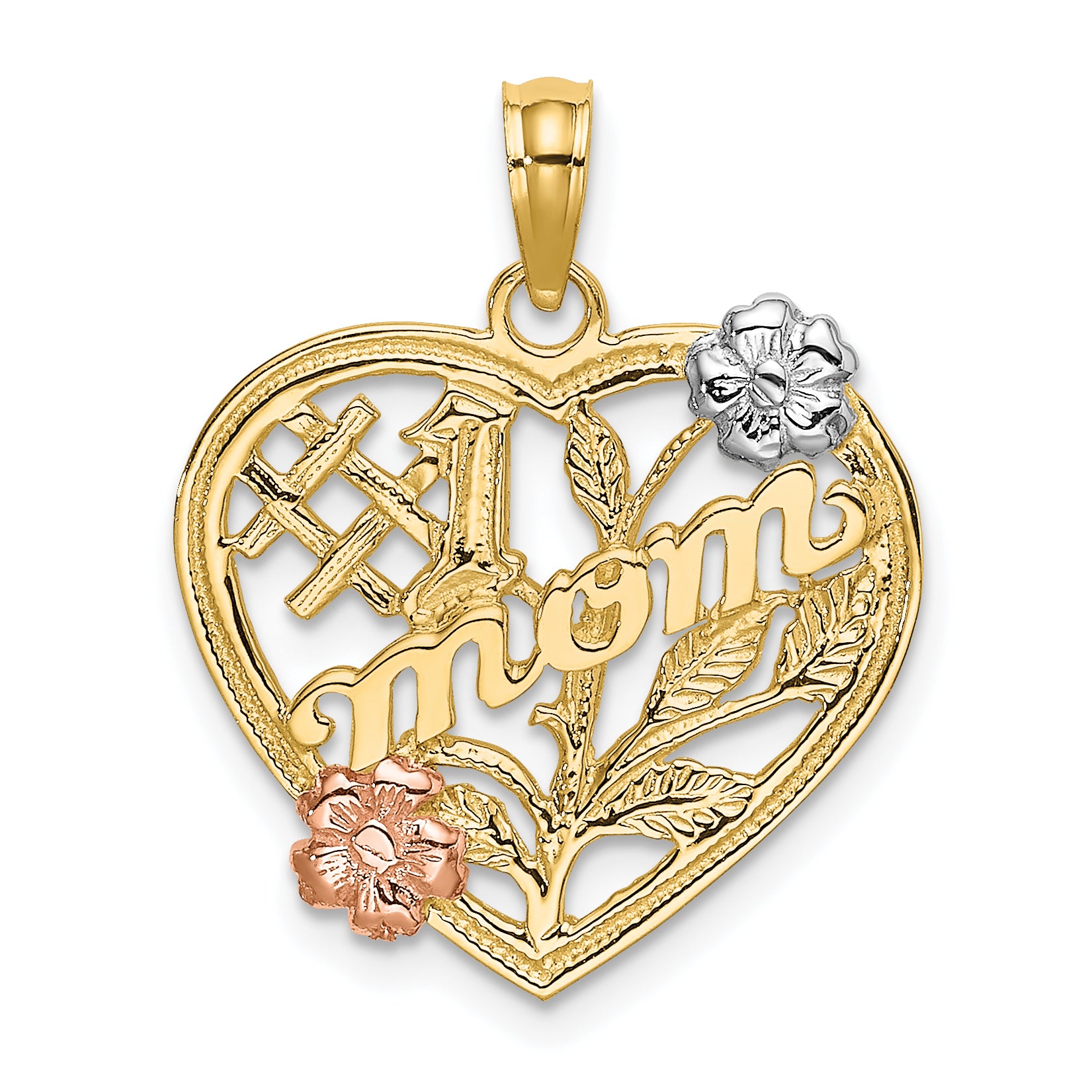 14k Two-tone w/White Rhodium #1 MOM Heart w/Flower Charm