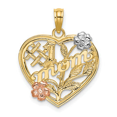 14k Two-tone w/White Rhodium #1 MOM Heart w/Flower Charm