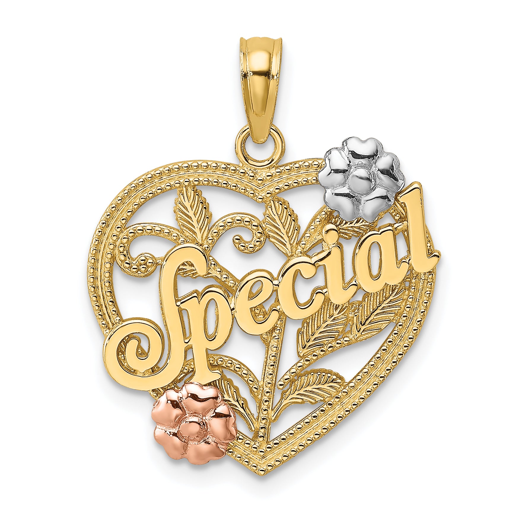 14k Two-tone w/ White Rhodium SPECIAL On Heart w/ Flower Charm