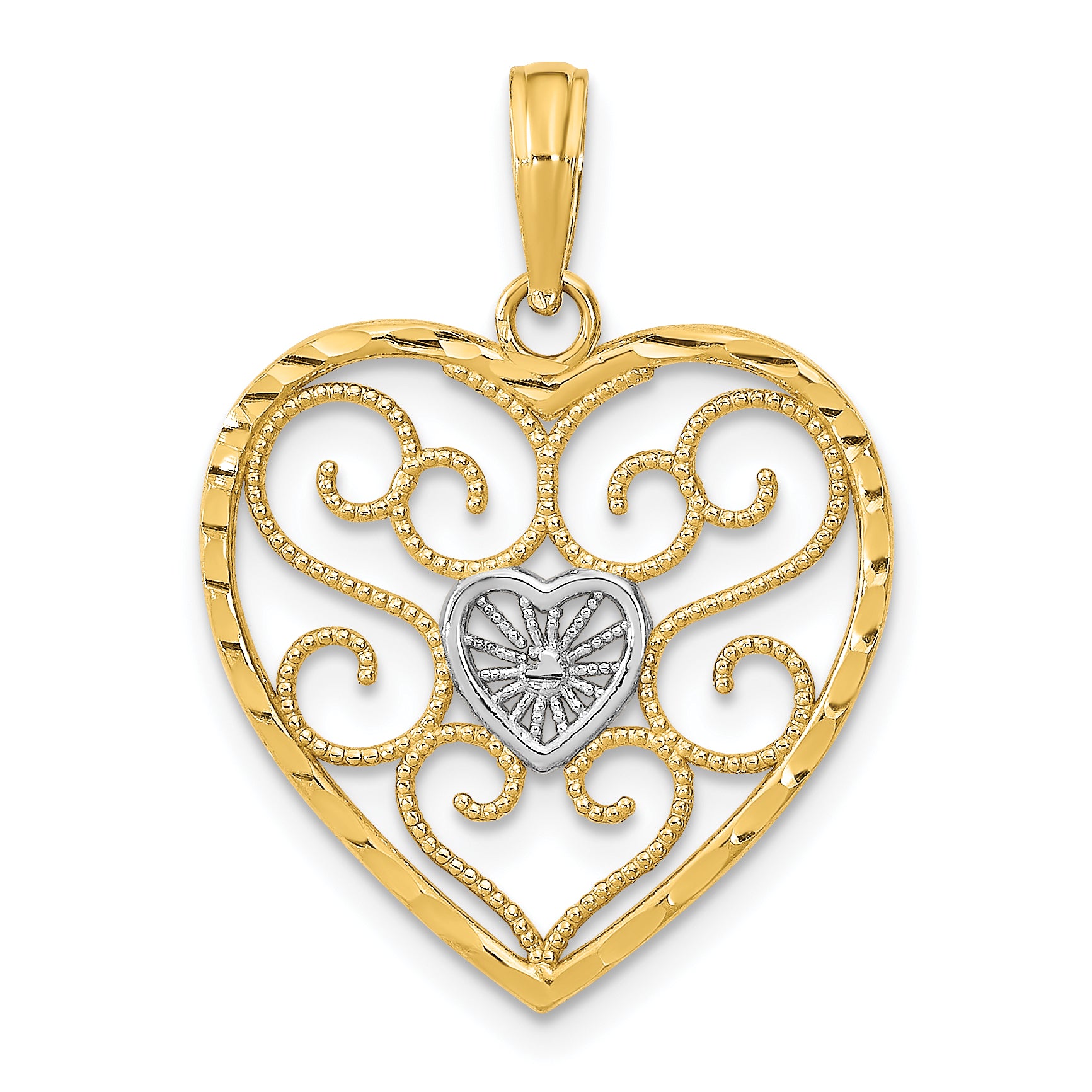 14k w/Rhodium Filigree Beaded Heart Charm