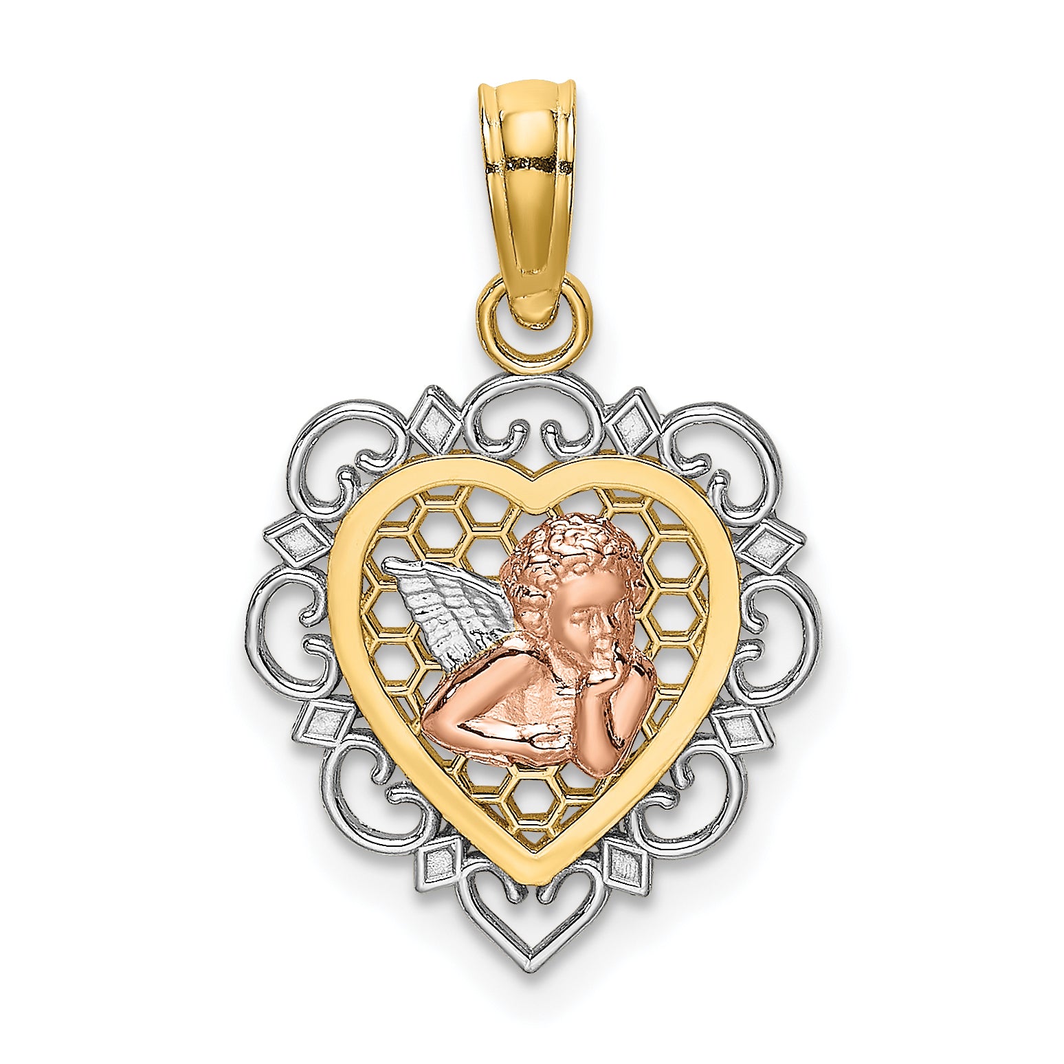 14K Two-tone w/White Rhodium Small Angel In Heart Charm