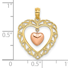 14k Yellow and Rose Gold Polished Dangling Heart In Heart Charm
