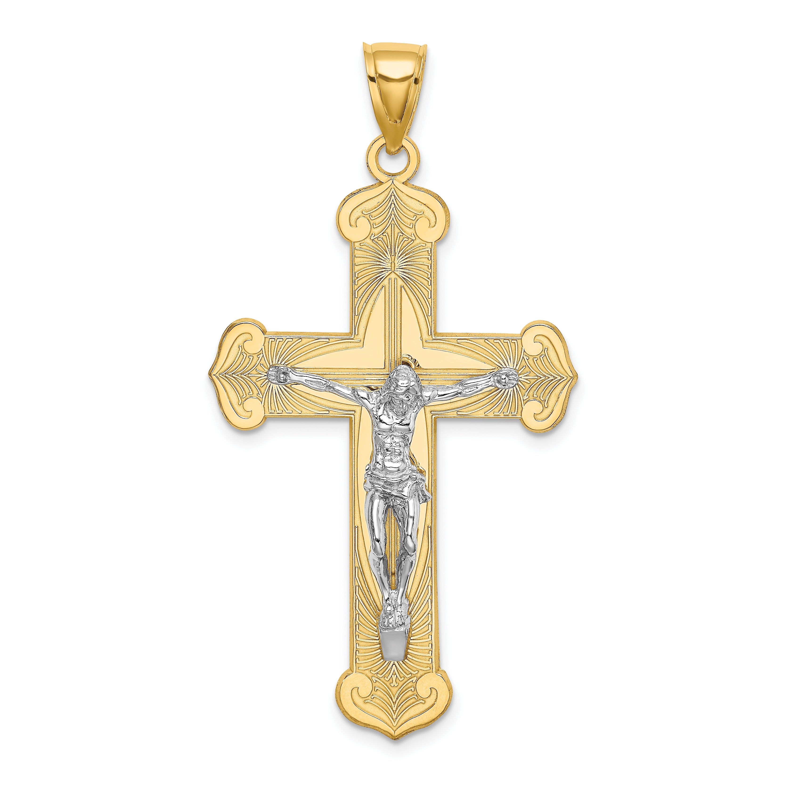 14K Two-tone Engraved Crucifix Charm