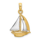 14K and White Rhodium 3-D Polished Sailboat Charm