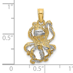 14K with White Rhodium Textured Octopus Charm