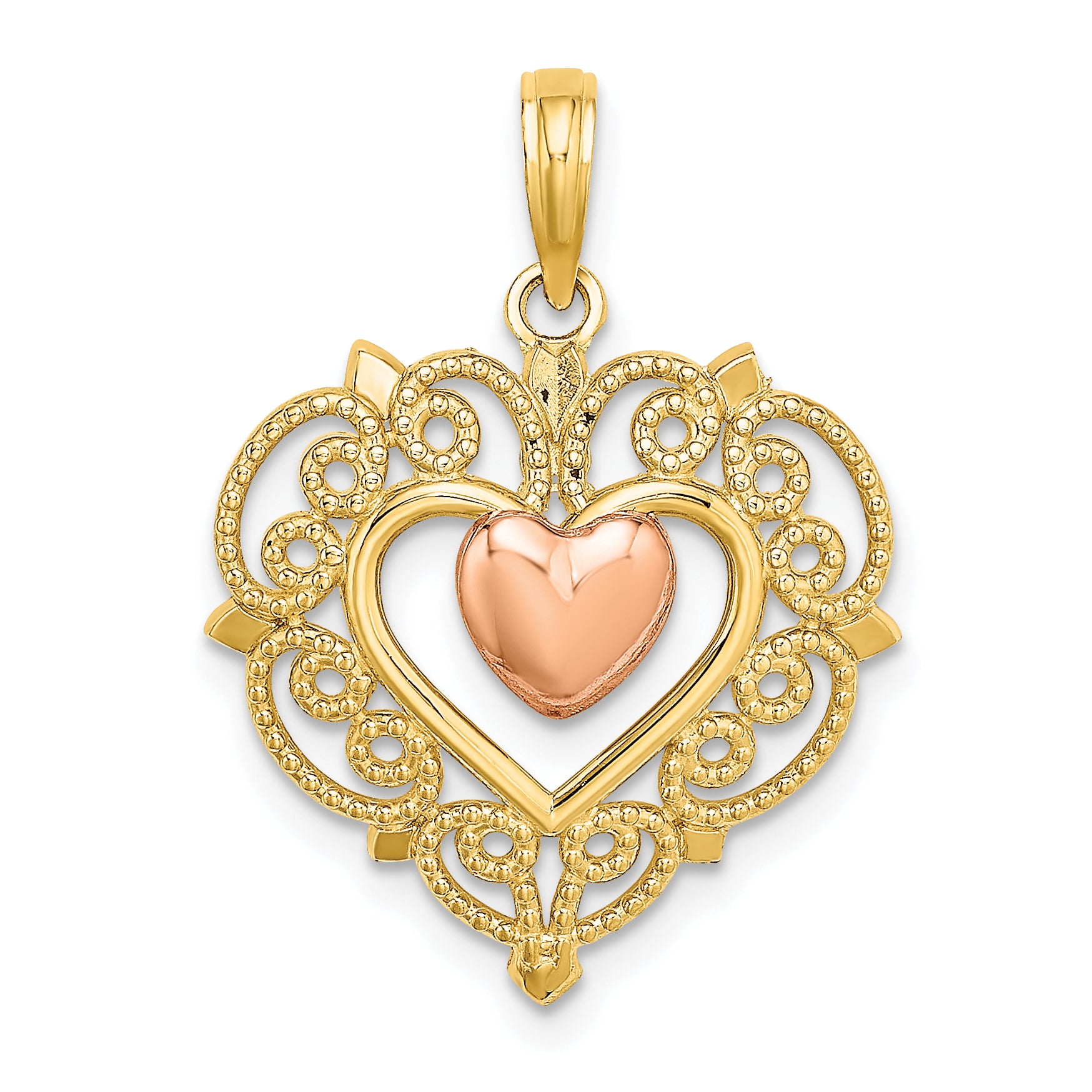 14k Yellow and Rose Gold Heart w/ Lace Trim Charm