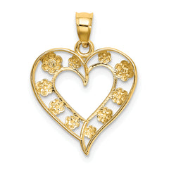14k Two-Tone Textured Cut-Out Heart w/ Flowers Charm