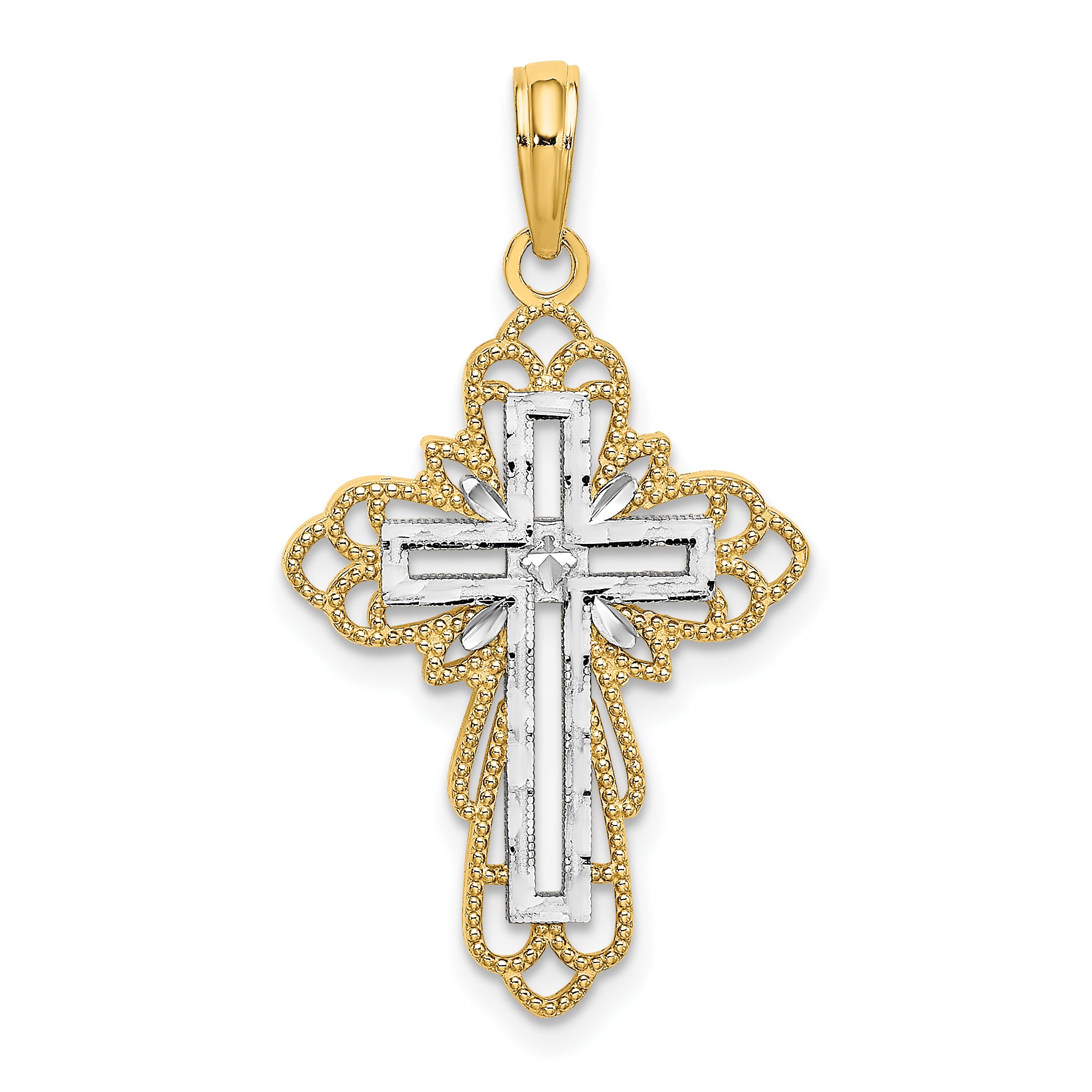 14K W/ Rhodium Lace Trim Cross Charm