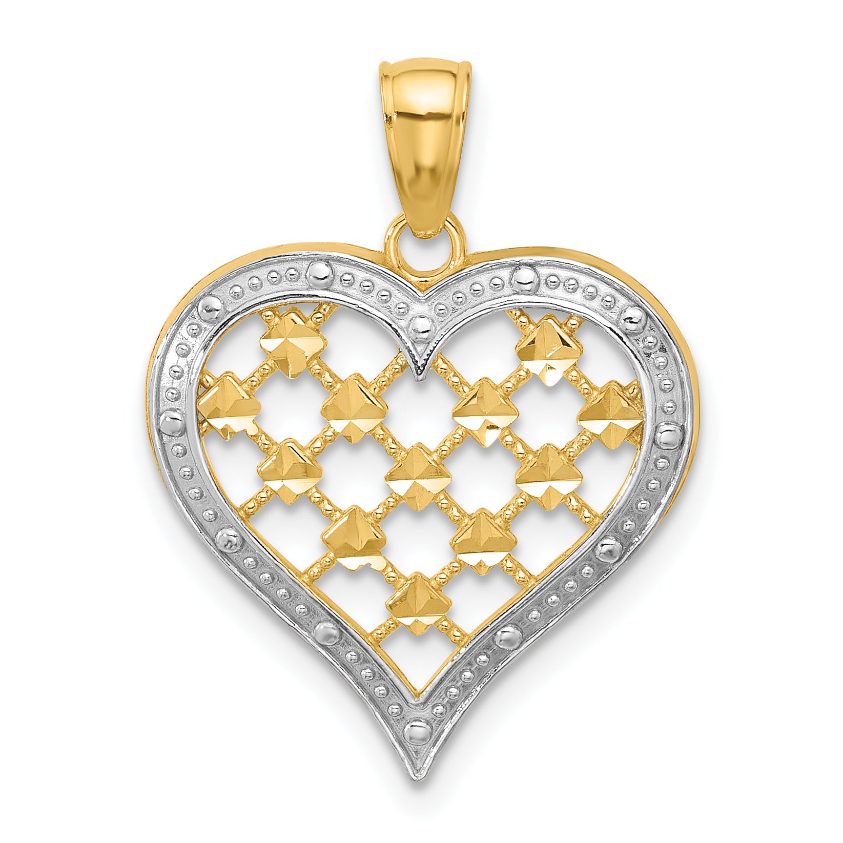 14k w/ Rhodium Edge Diamond-cut Heart Charm