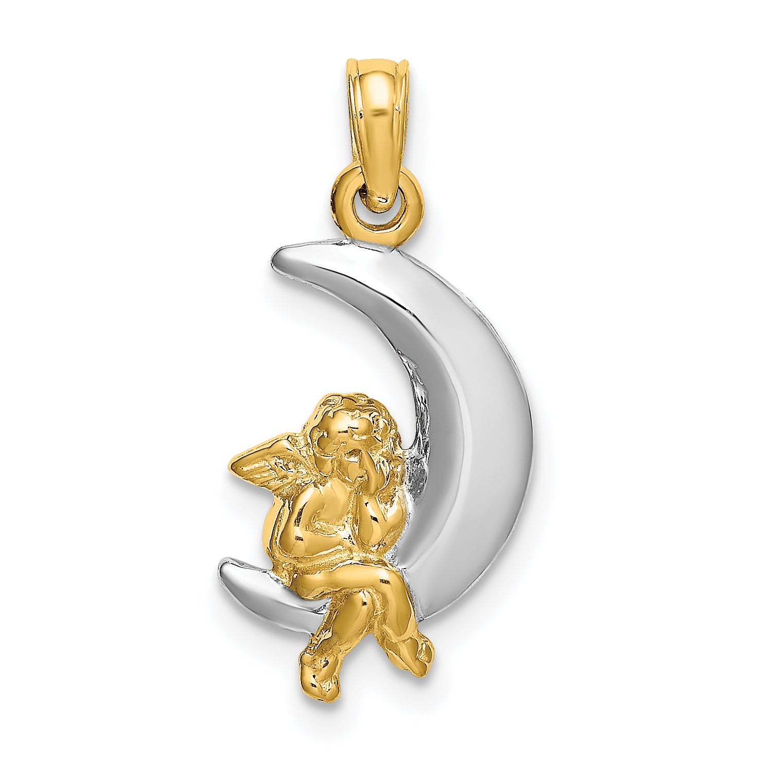 14K w/Rhodium 3-D Angel on Moon Charm