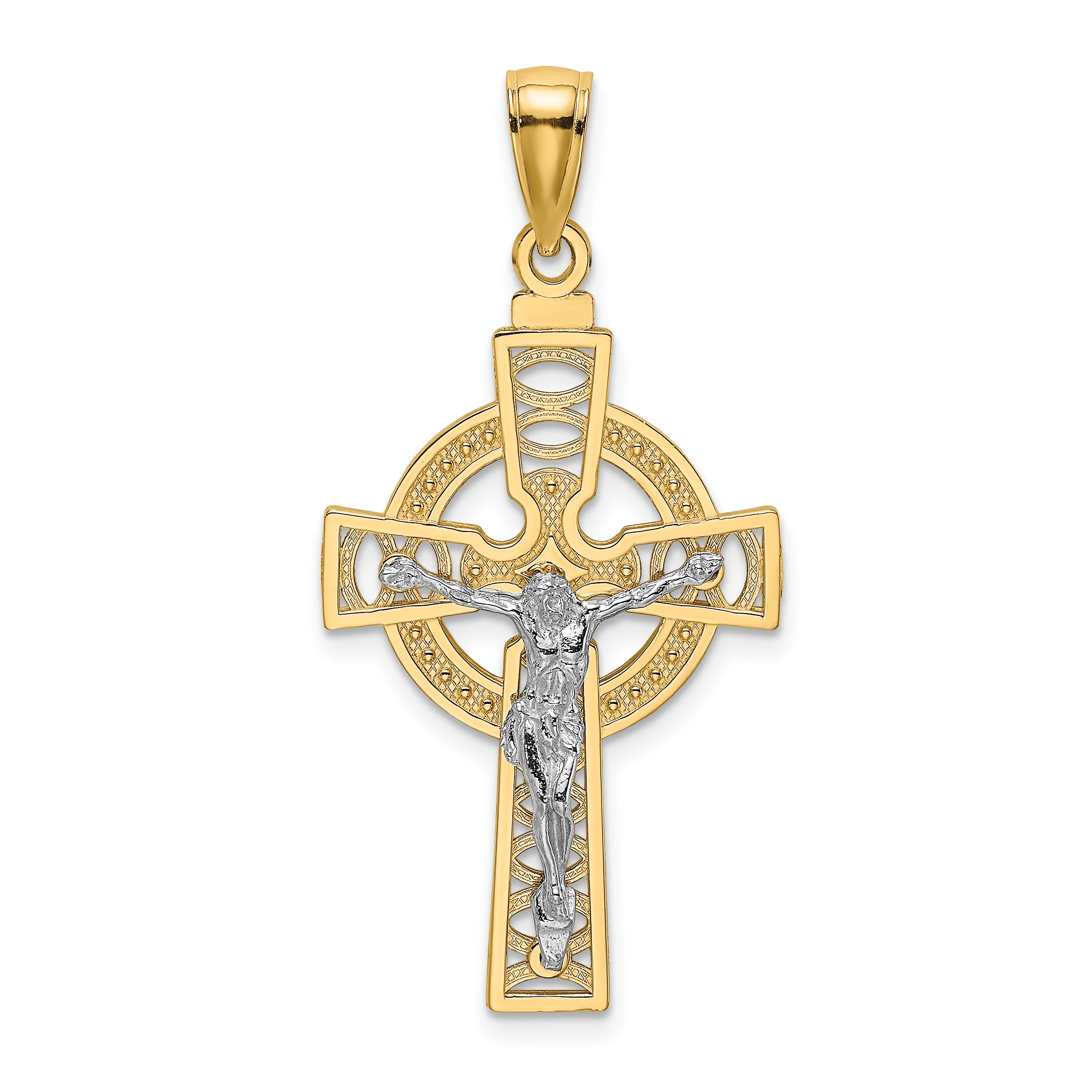 14k Two-tone Celtic Crucifix w/ Eternity Circle Charm