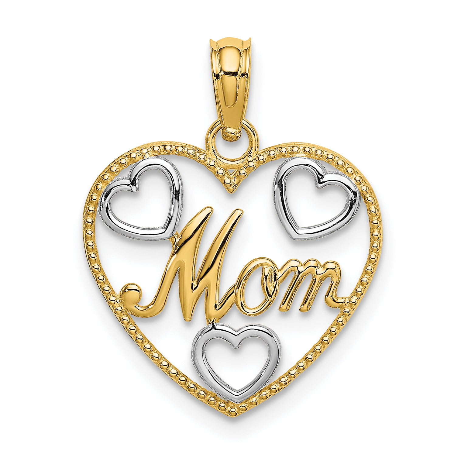 14k with White Rhodium Textured MOM Heart Charm