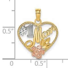 14k Two-tone White Rhodium Textured #1 Mom Heart Charm