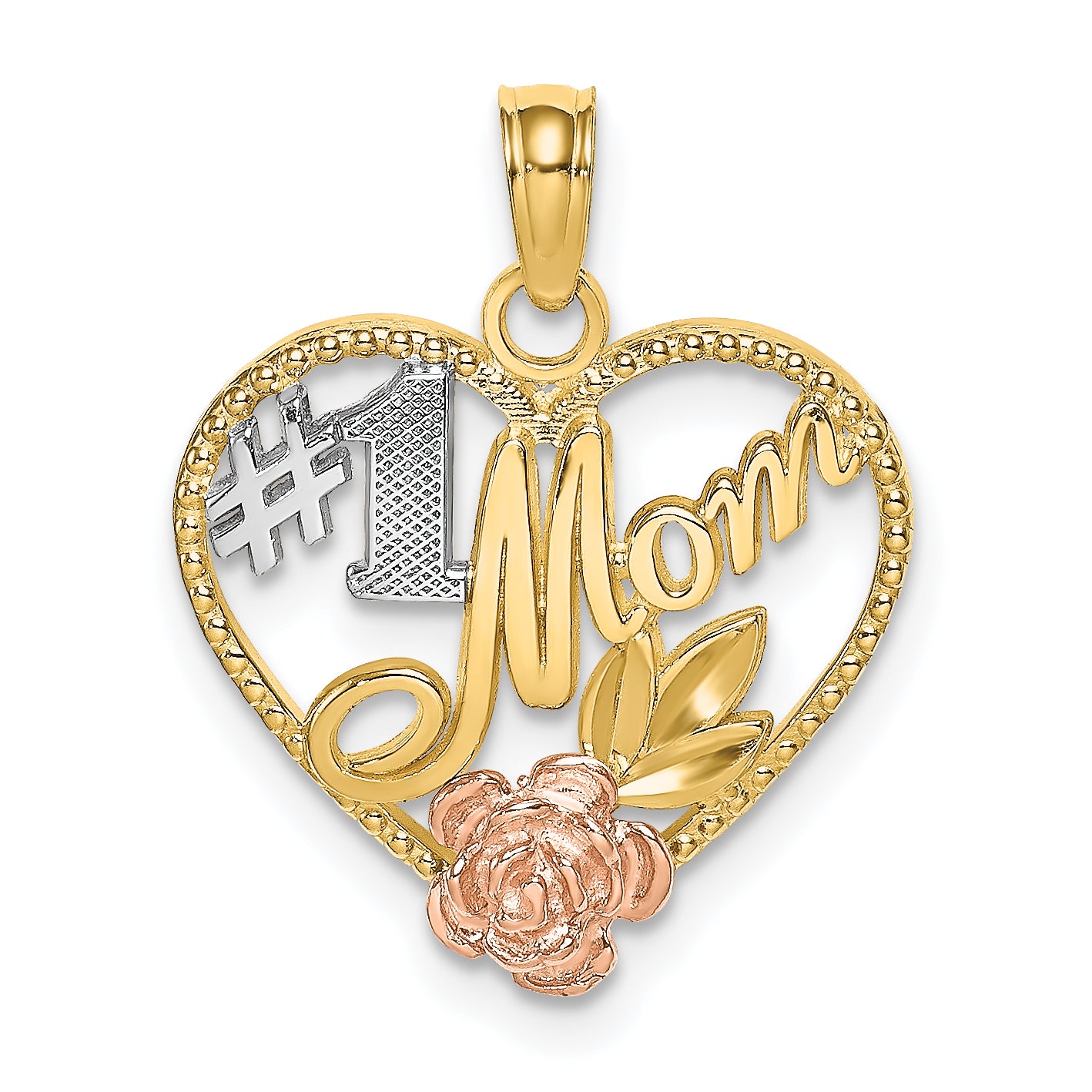 14k Two-tone White Rhodium Textured #1 Mom Heart Charm