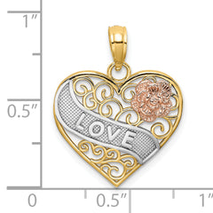14k Two-tone with White Rhodium LOVE Banner on Filigree Heart Charm