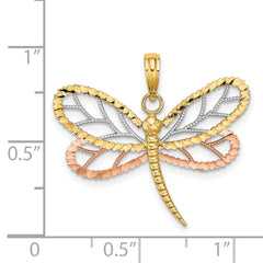 14k Two-tone White Rhodium Dragonfly w/Beaded Diamond-cut Wings Charm