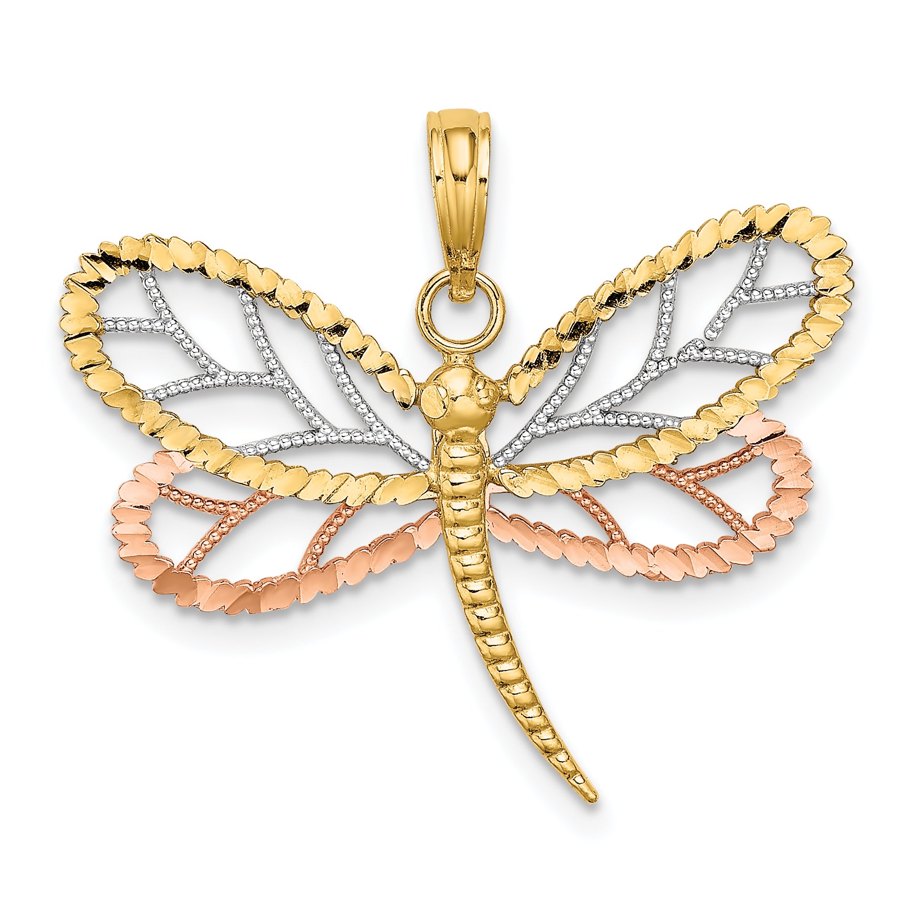 14k Two-tone White Rhodium Dragonfly w/Beaded Diamond-cut Wings Charm