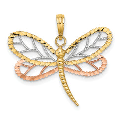 14k Two-tone White Rhodium Dragonfly w/Beaded Diamond-cut Wings Charm