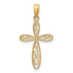 14K and White Rhodium Filigree and Milgrain Edge Cross Charm