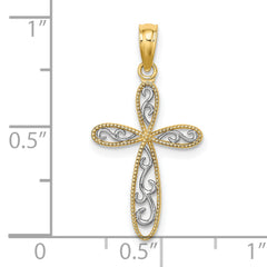 14K and White Rhodium Filigree and Milgrain Edge Cross Charm