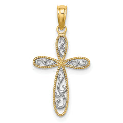 14K and White Rhodium Filigree and Milgrain Edge Cross Charm