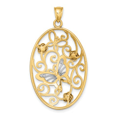 14k Two-Tone w/Rhodium Butterfly and Flowers in Oval Frame Charm