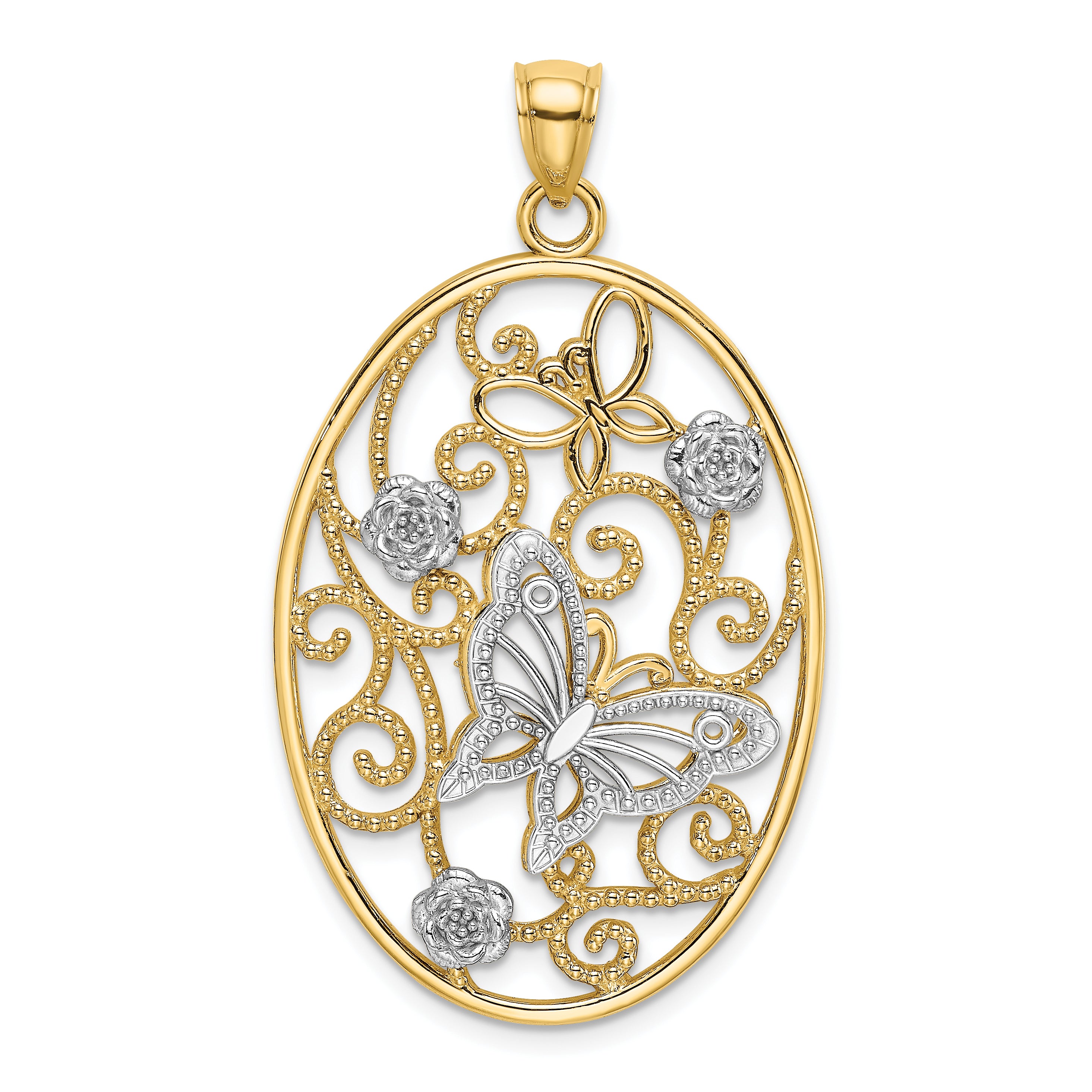 14k Two-Tone w/Rhodium Butterfly and Flowers in Oval Frame Charm