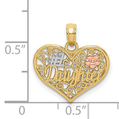 14k Two-tone White Rhodium #1 DAUGHTER In Heart w/ Flowers Charm