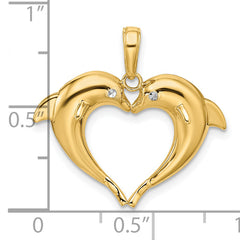 14k w/Rhodium Double Dolphin Heart Pendant