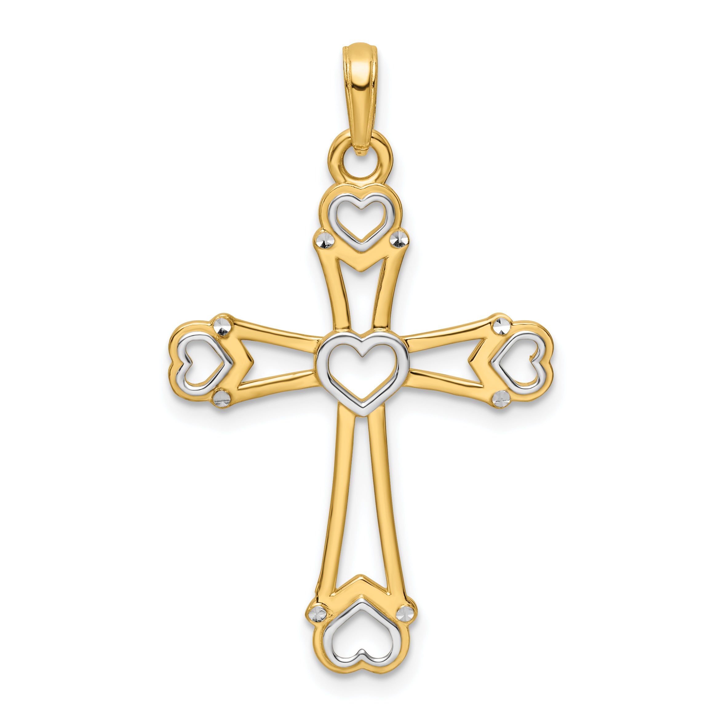 14K w/Rhodium D/C Cross w/Hearts Pendant