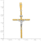 14K w/White Rhod Polished & Textured INRI Crucifix Cross Pendant