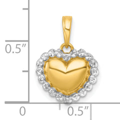 14k with White Rhodium Polished Domed Heart Charm Pendant