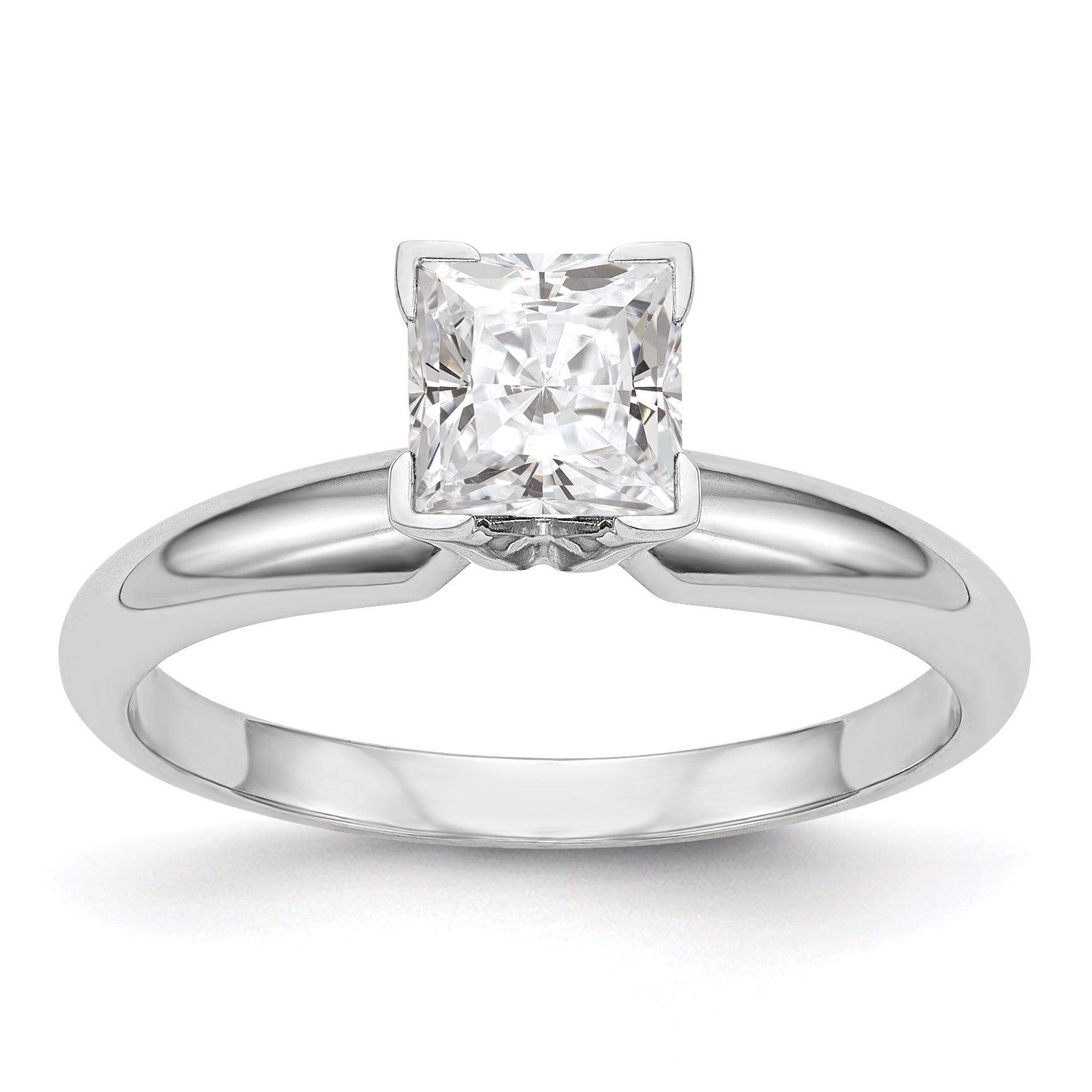 14k White Gold 6.5mm Medium-Weight Half-Round V-End Princess Solitaire Ring Mounting (No Stone Included)