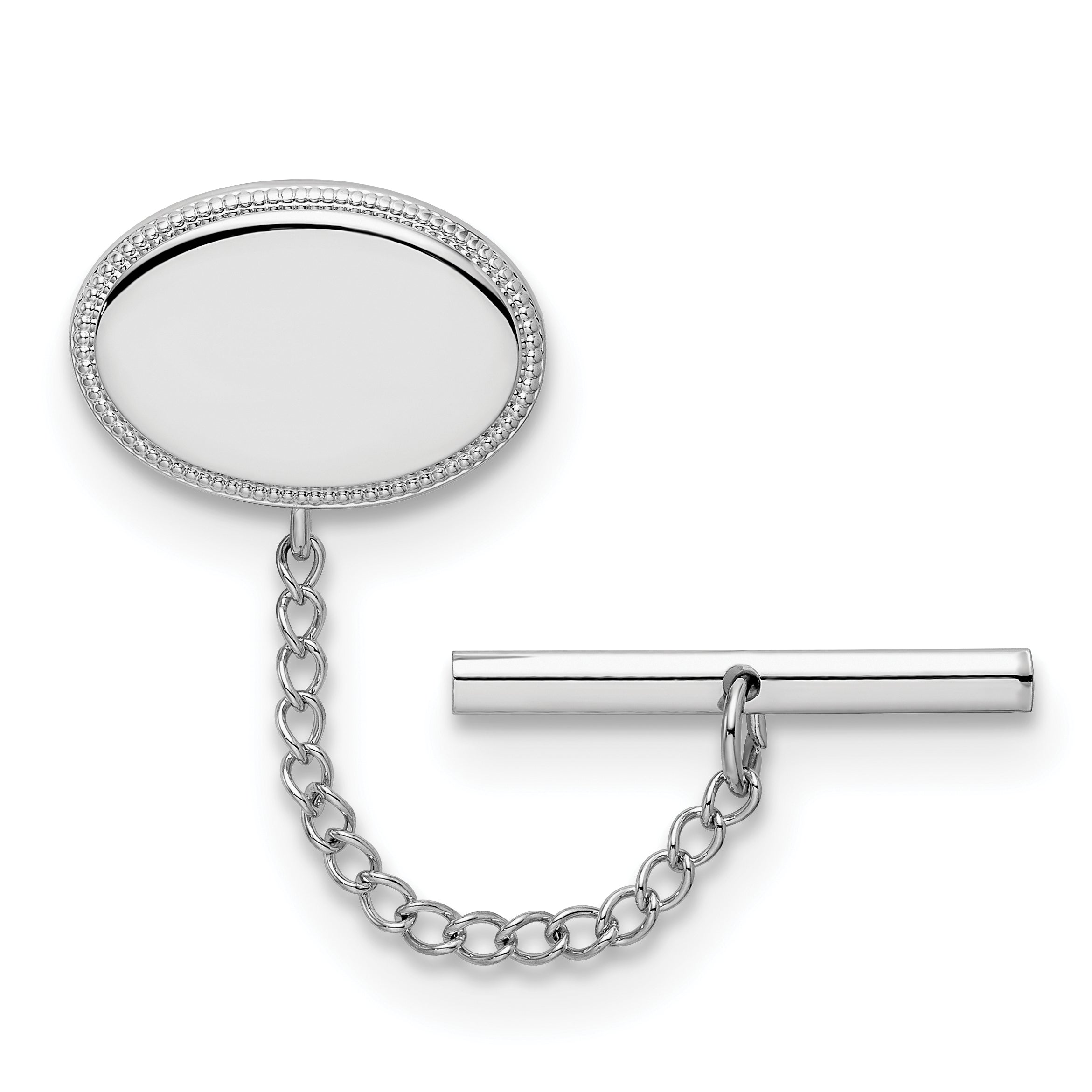 Kelly Waters Rhodium-plated Oval Beaded Engravable Tie Tac with Safety Chain