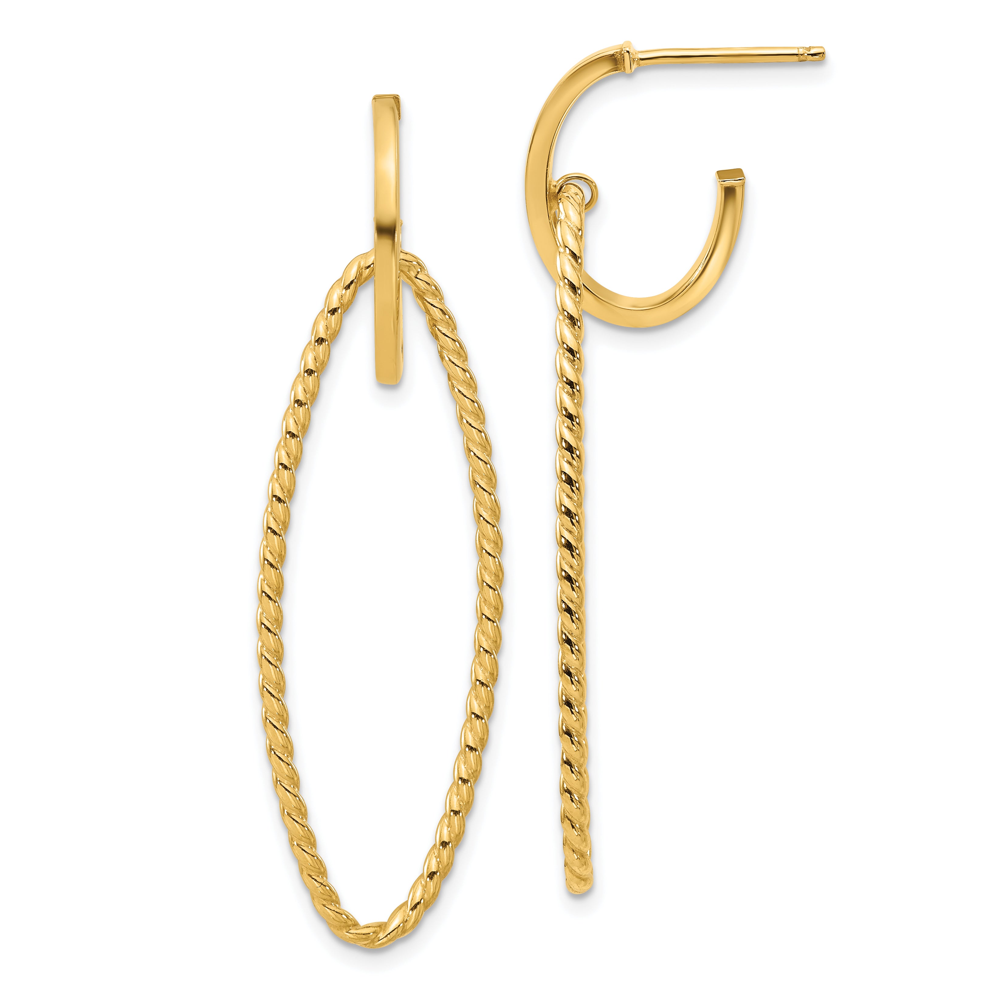 14K Polished and Twist Dangle Oval J-Hoop Earrings