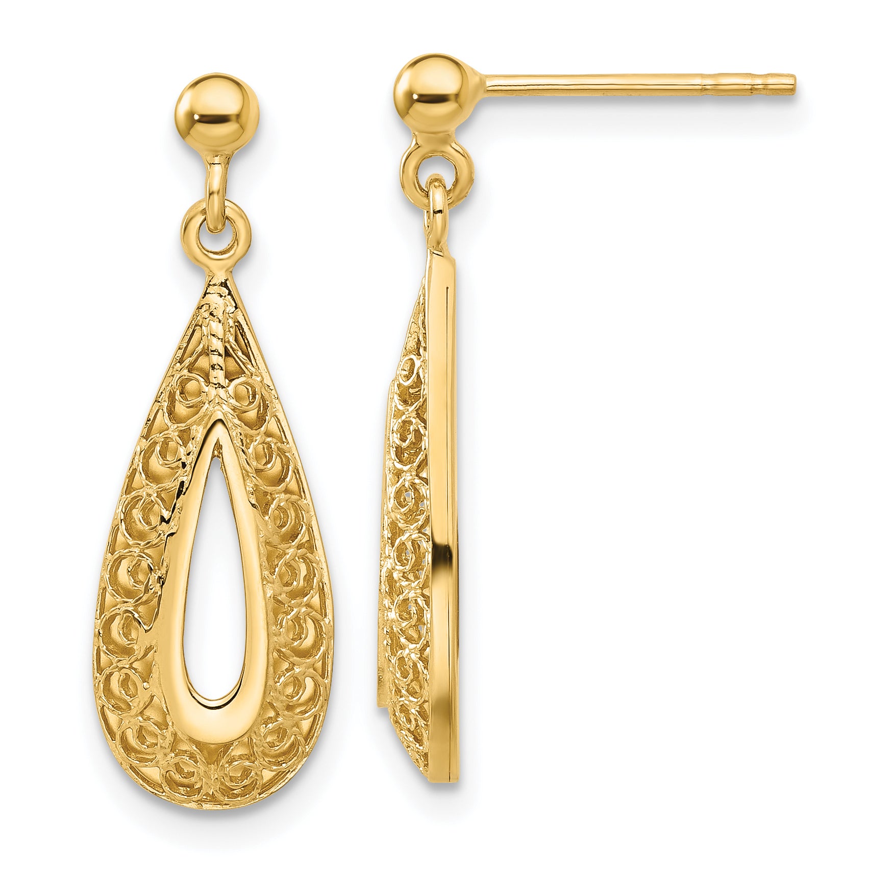 14K Filigree Teardrop Post Dangle Earrings