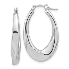 14K White Gold Polished Hollow Oval Twist Hoop Earrings