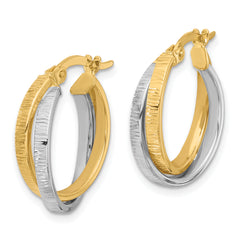 14K Two-tone Polished and Textured Bypass Hoop Earrings
