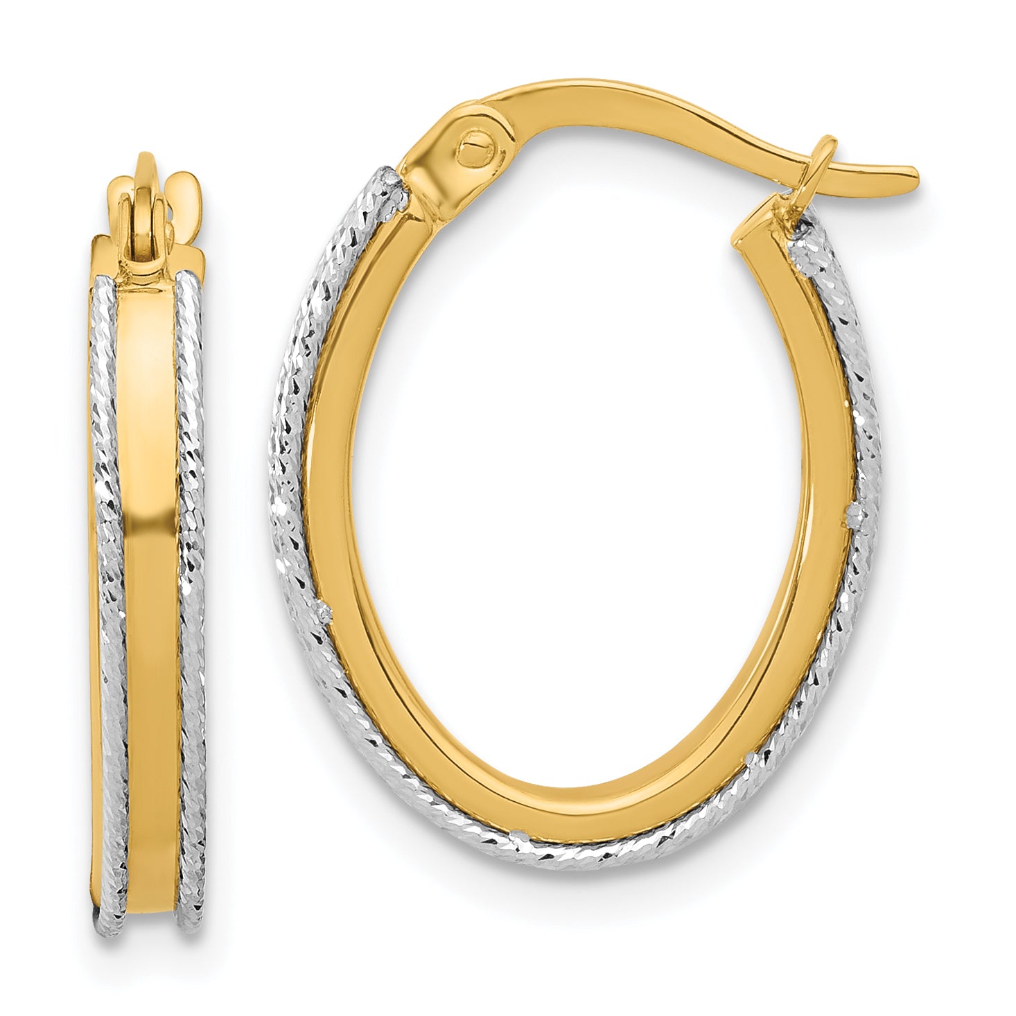 14K Two-tone Polished and Diamond-cut Oval Hoop Earrings