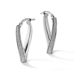 14K White Gold Polished Glimmer Infused Oval Hoop Earrings