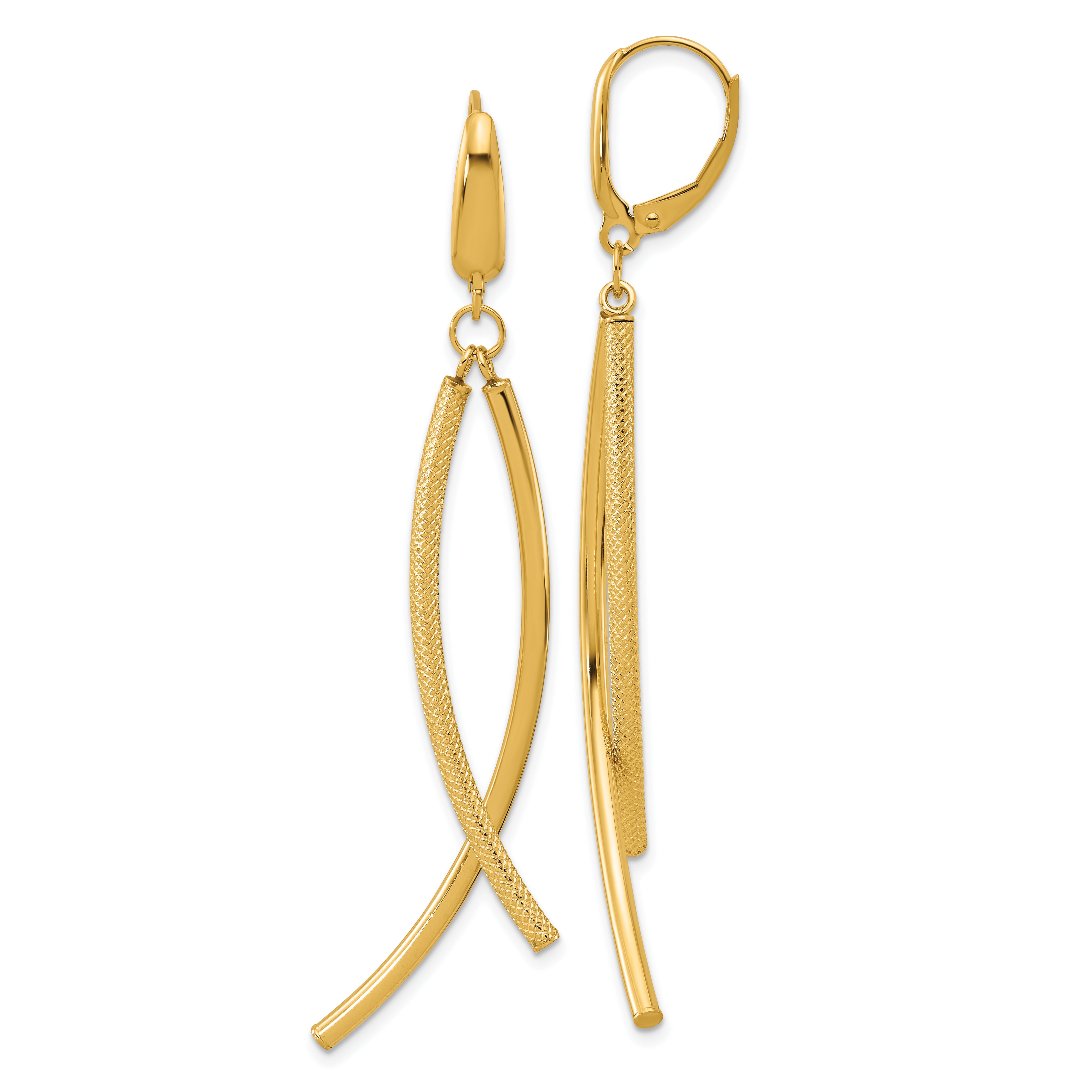 14k Polished and Textured Tube Dangle Leverback Earrings