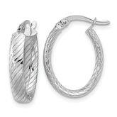 14K White Gold Polished and Grooved Oval Hoop Earrings