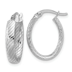 14K White Gold Polished and Grooved Oval Hoop Earrings