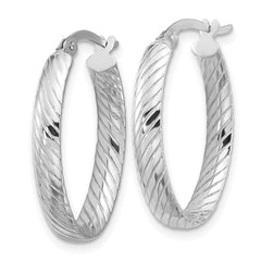 14K White Gold Polished and Grooved Oval Hoop Earrings