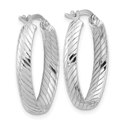 14K White Gold Polished and Grooved Oval Hoop Earrings
