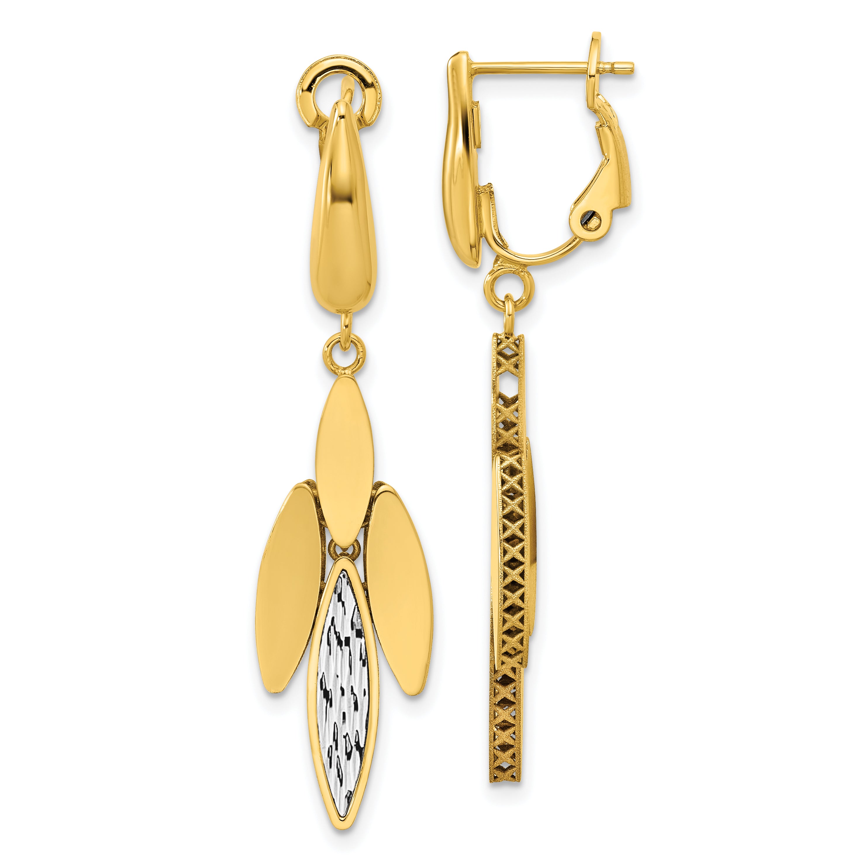 14K Two-tone Polish/Dia-cut Fancy Dangle Omega Earrings