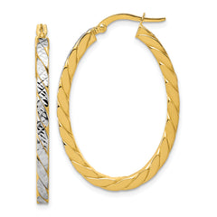 14K w/Rhodium Polished and Dia-Cut Oval Hoop Earrings