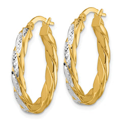 14K w/Rhodium Polished and Dia-Cut Oval Hoop Earrings